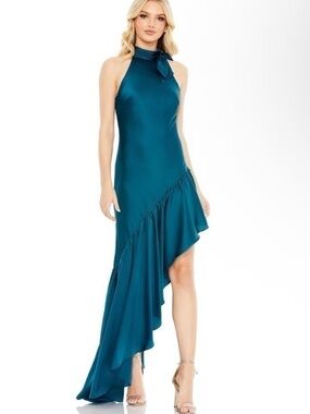NWT Mac Duggal Halter Neck Ruffled 68324 Asymmetrical Gown in Teal 14